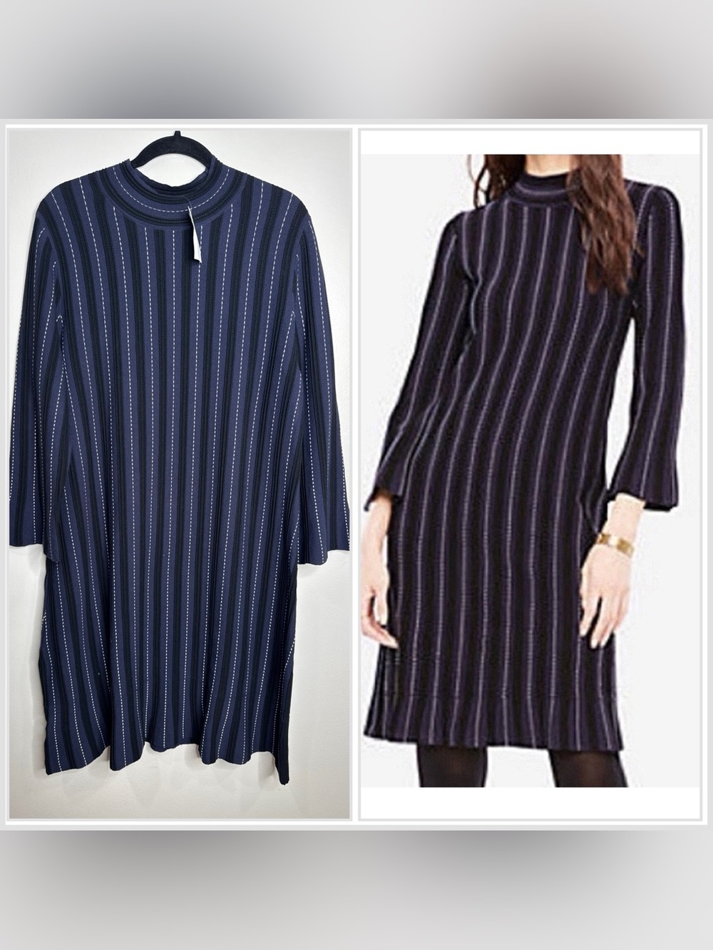 NWT Ann Taylor Navy Blue Black Knit Mock Neck Flare Sleeve Knee Length Dress 12‎